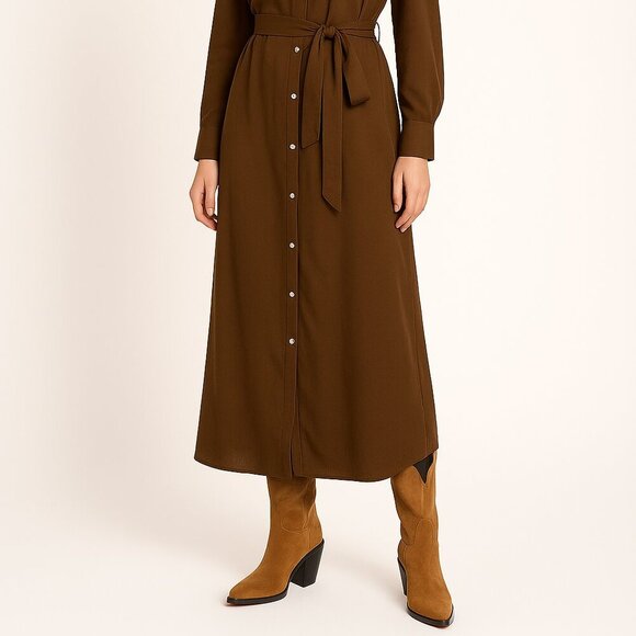 Diega Fringe Boho Dress Button Front Viscose Wool Maxi Self Tie Western Inspired - Picture 2 of 12